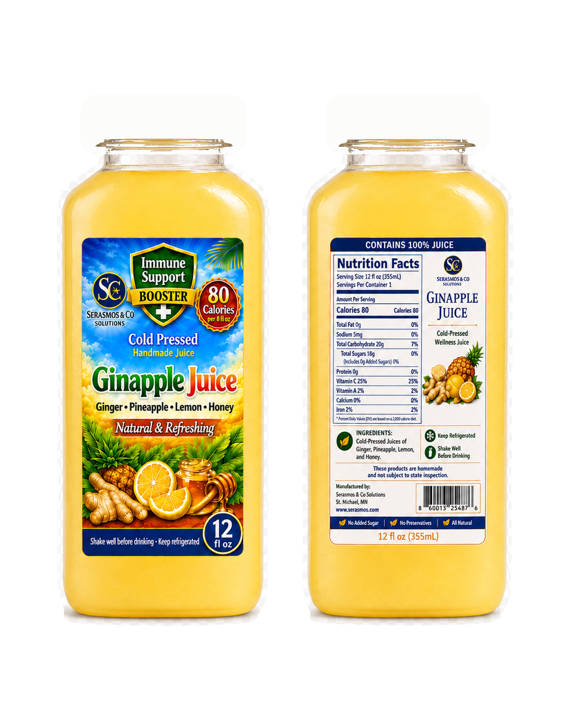 Ginapple Juice front and back bottle display