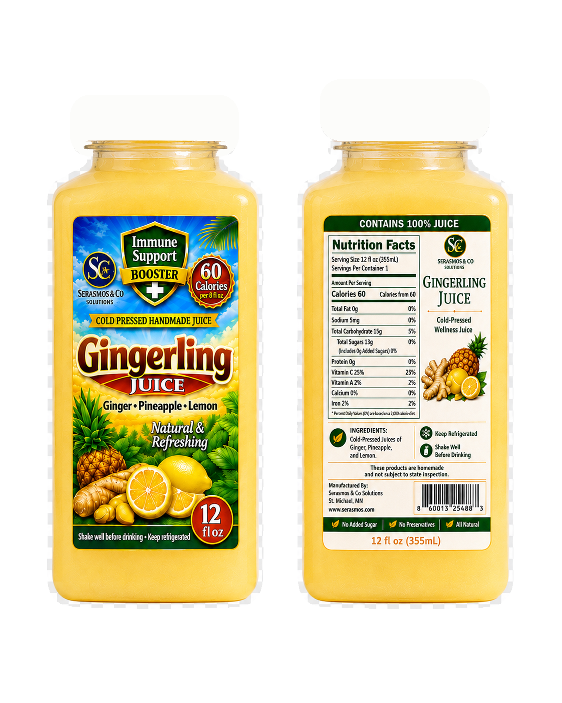 Gingerling Juice front and back bottle display