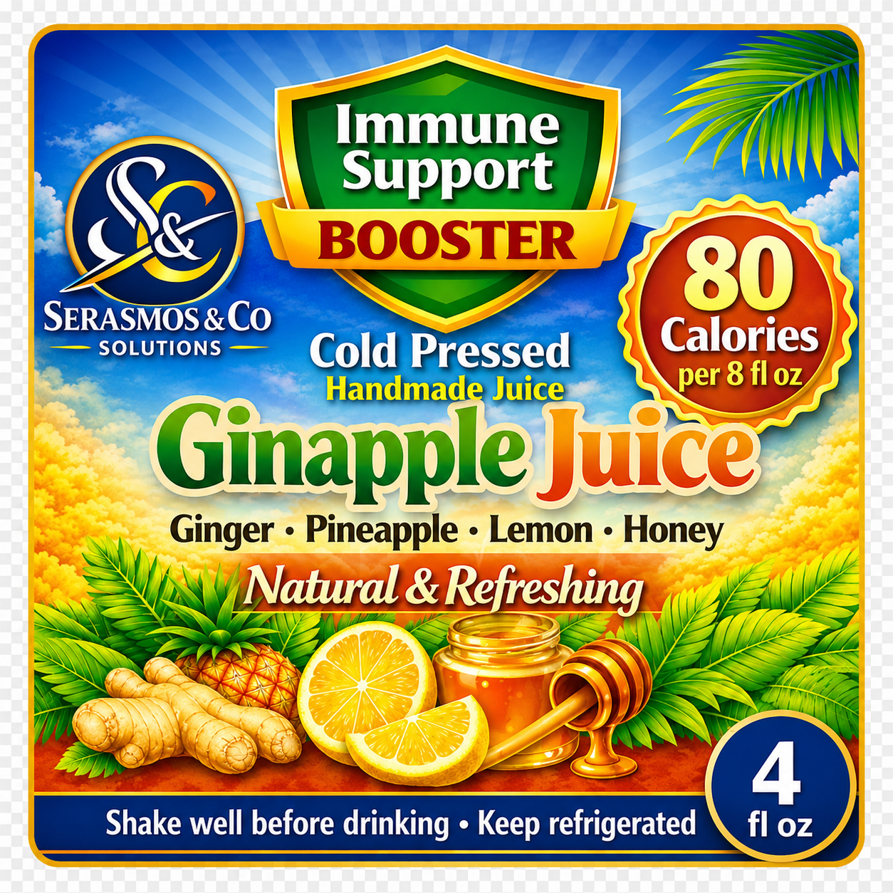 Wellness Ginapple Drink cold pressed ginger pineapple lemon honey juice bottle